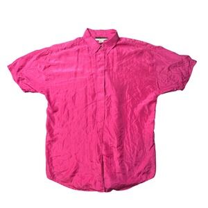 New York Studio Button Up Blouse Womens M Pink Silk Short Sleeve Hidden Placket